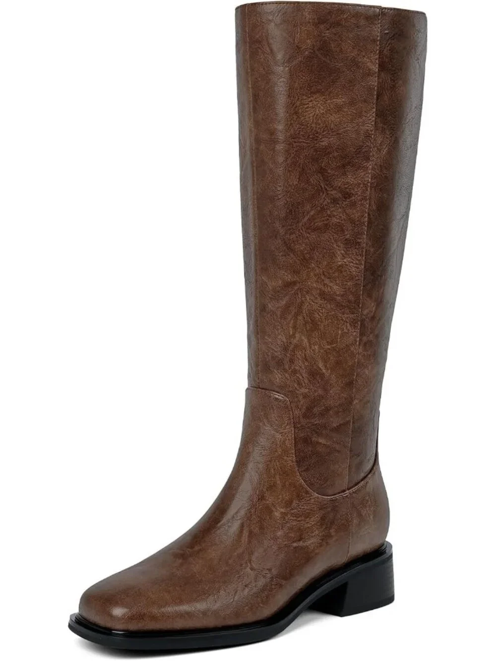 Women's Brown Faux Leather Square Toe Knee High Stylish With Side Zipper Boots